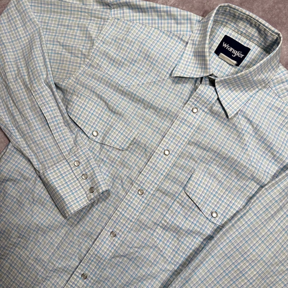 Wrangler Mens Blue Green Plaid Long Sleeve Western Pearl Snap Shirt 804